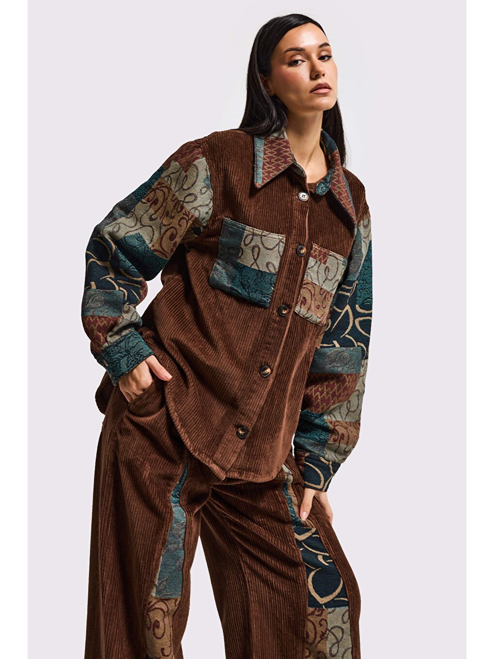 Kahverengi Kadın Kahve Etnik Desen 26w5-42 Oversize Fitilli Velvet Kadife Kumaş Tasarım Ceket