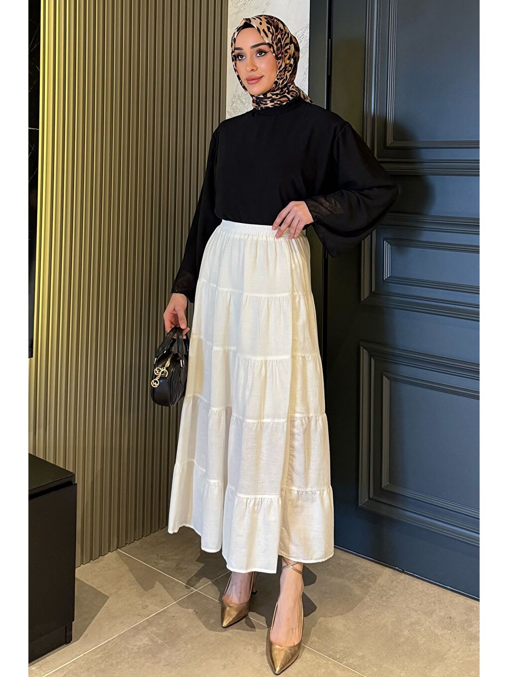 Ekru Kadın Bel Lastikli Katlı Ve Pileli Tesettür Etek-3