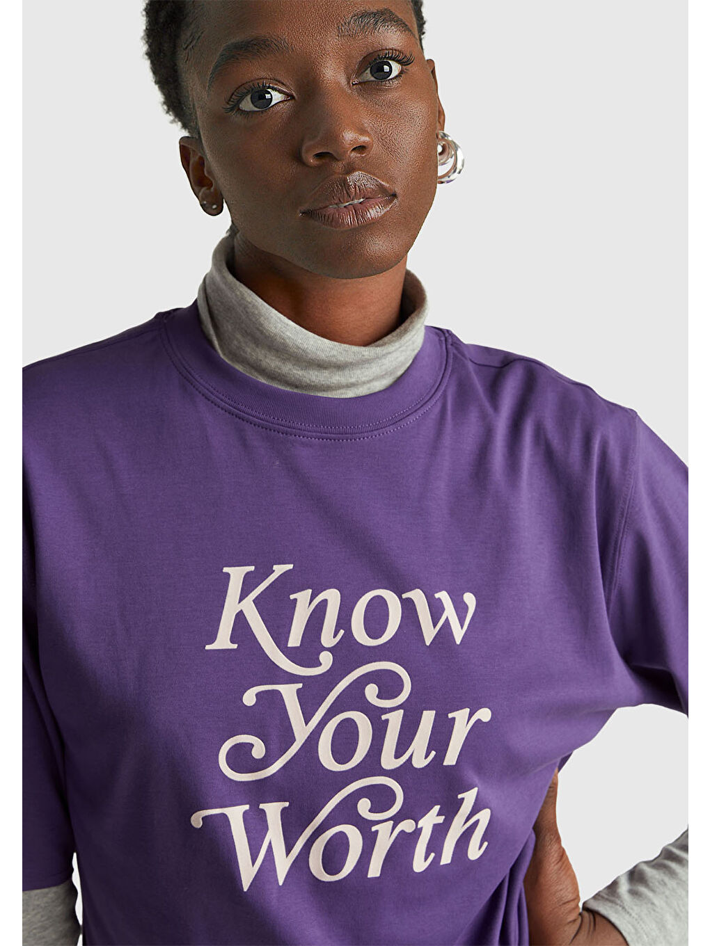 Kadın Mor %100 Pamuk Önü Yazı Baskılı Bisiklet Yaka T-Shirt-5