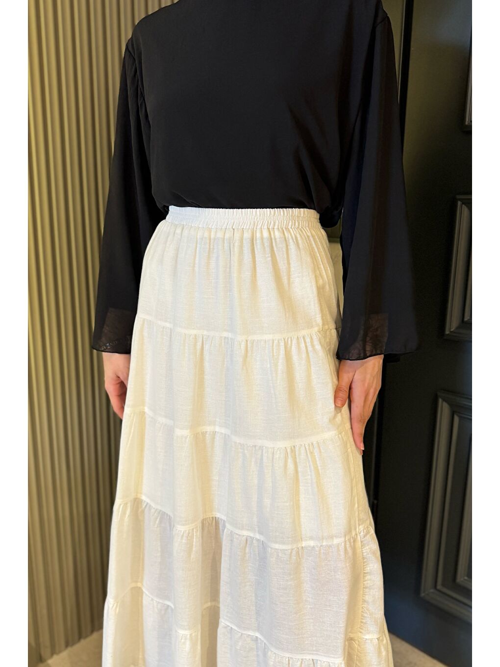 Ekru Kadın Bel Lastikli Katlı Ve Pileli Tesettür Etek-4