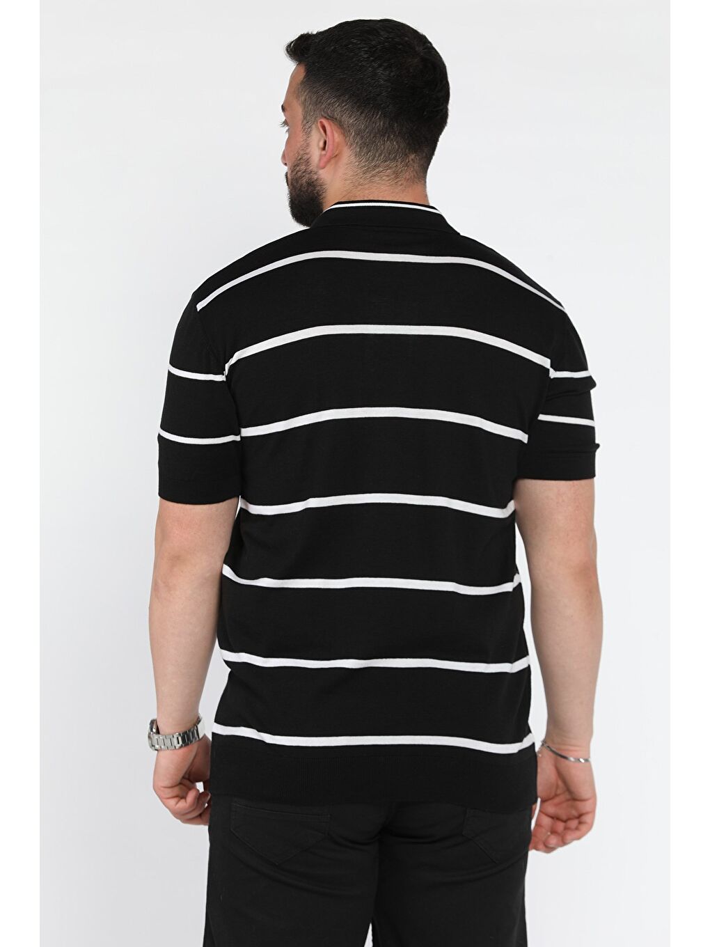Siyah Erkek Polo Yaka Çizgi Desenli Triko Tişört-2