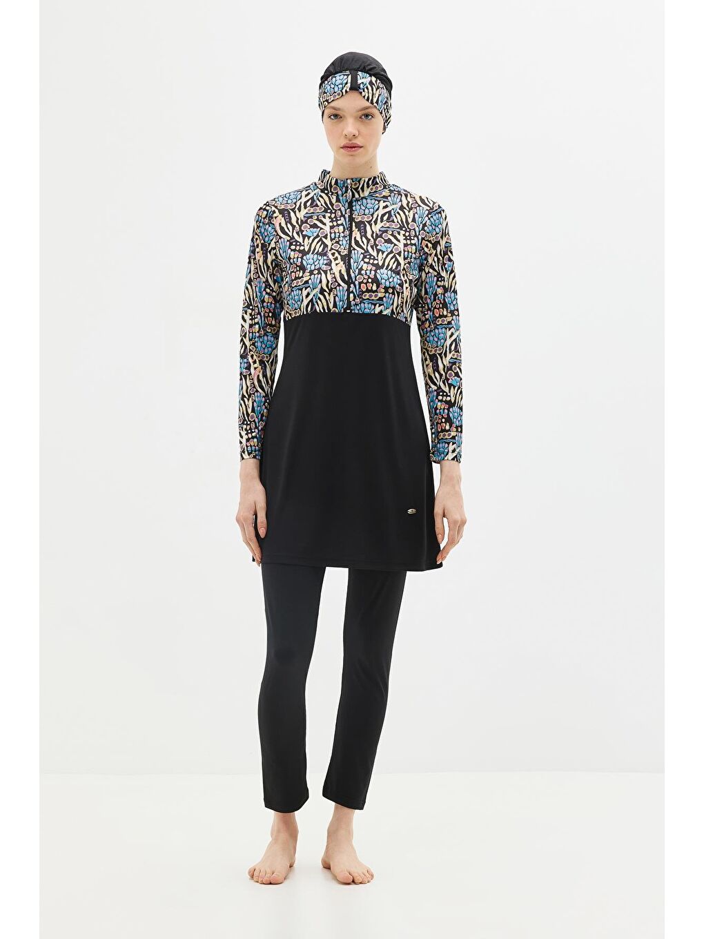 Desenli Fermuarlı 4'Lü Tesettür Mayo 1310 Siyah-1
