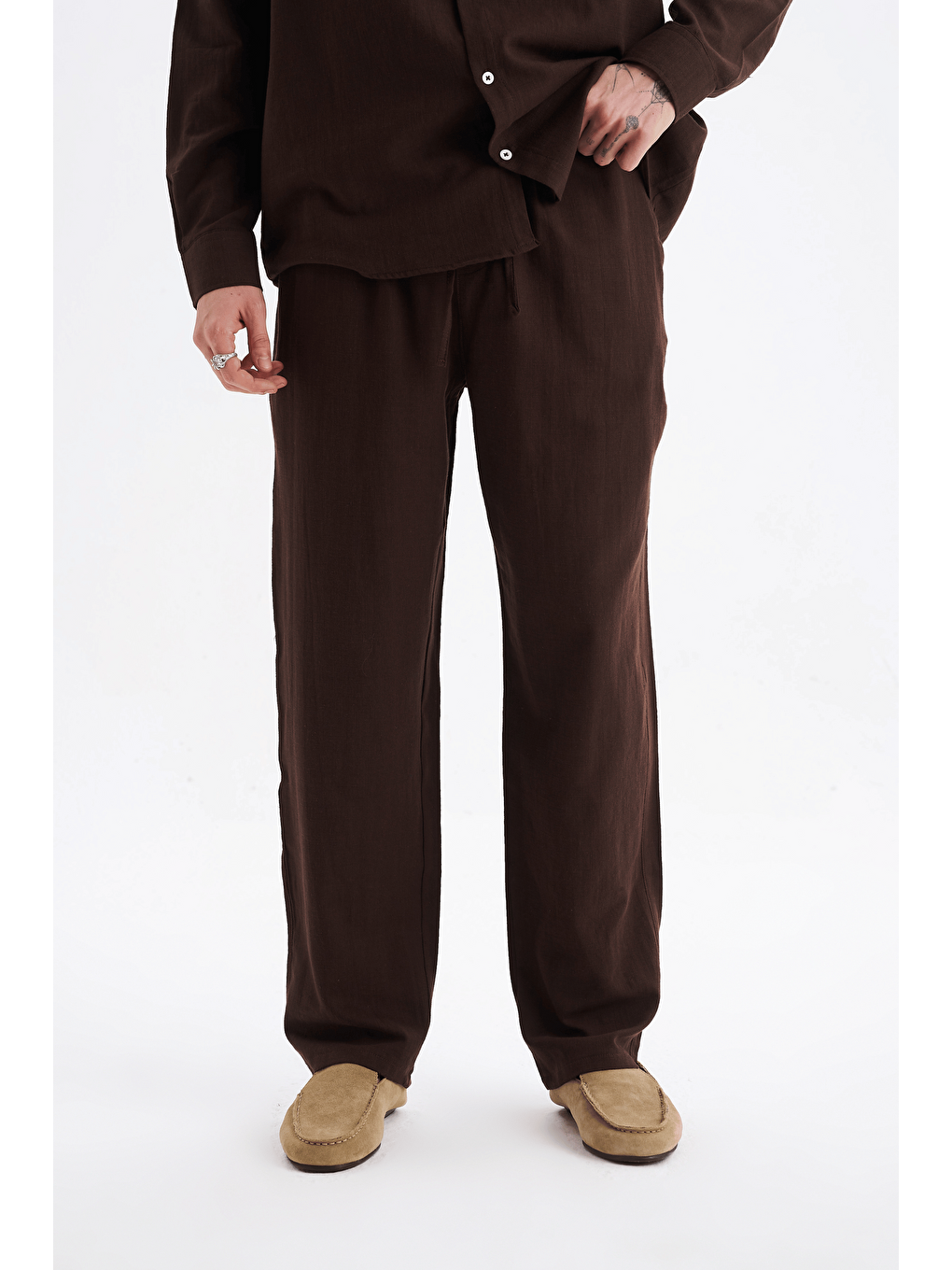 Erkek %100 Pamuklu Keten Görünümlü Pantolon Gömlek Takım Kahverengi-5