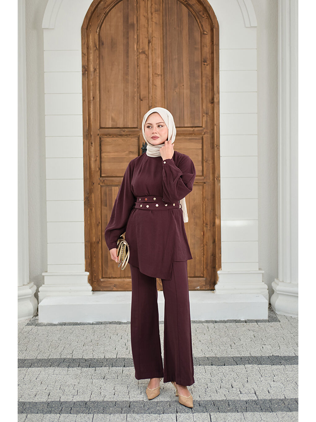 Kadın Gold Çıtçıt Kemerli Pantolonlu Takım Mürdüm-1