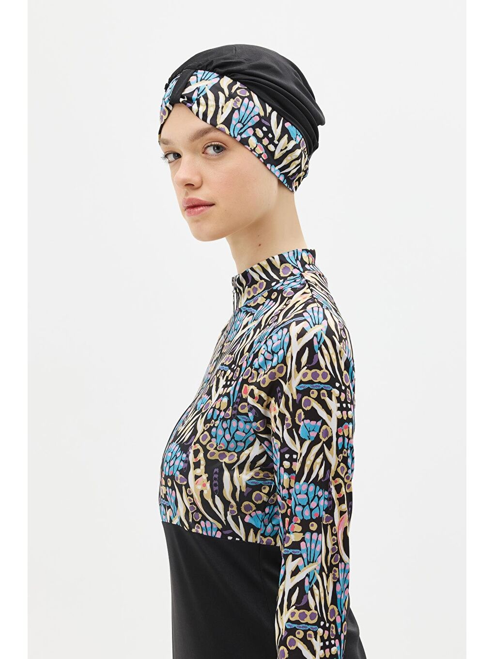Desenli Fermuarlı 4'Lü Tesettür Mayo 1310 Siyah-2
