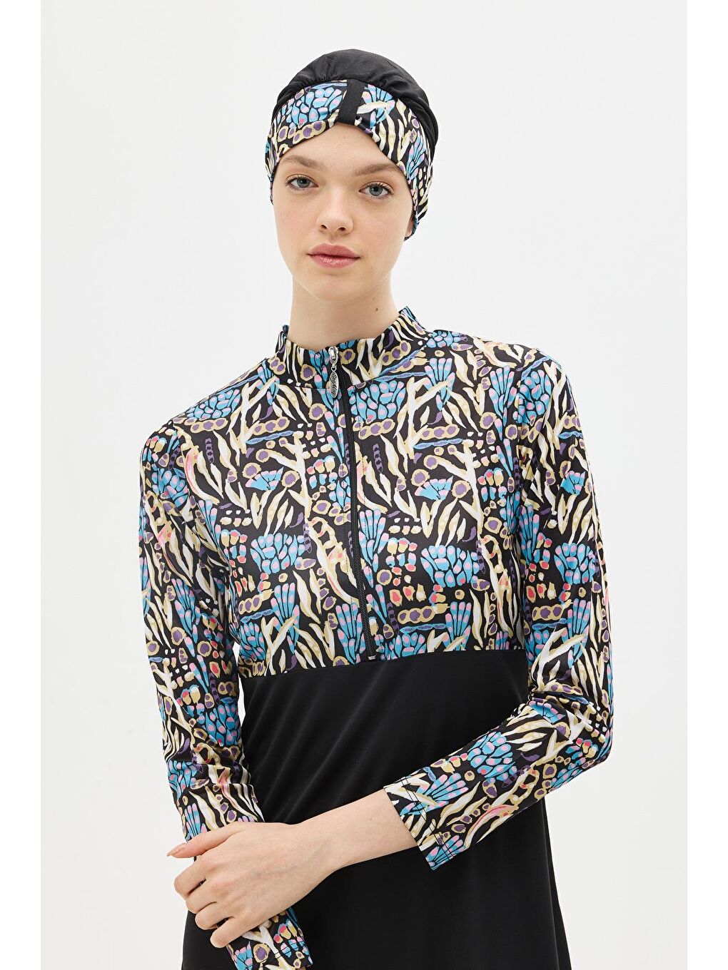 Desenli Fermuarlı 4'Lü Tesettür Mayo 1310 Siyah-3