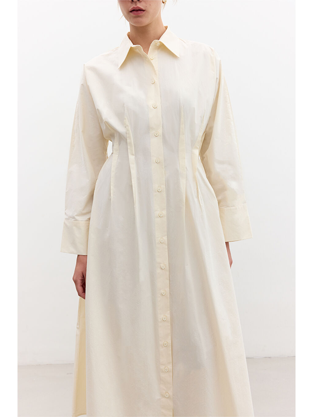 Sarı Nervür Detaylı Gömlek Elbise Tereyağ-1