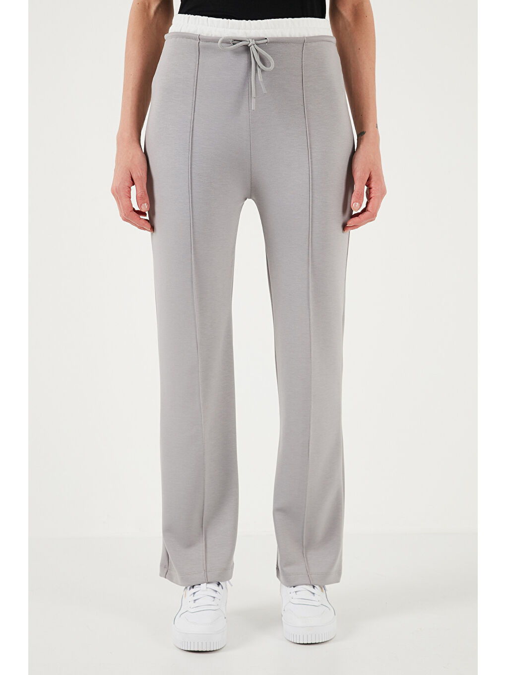 Gri Streç Slim Fit Yüksek Bel Geniş Paça Çimalı Kadın Eşofman Altı 5866078-1