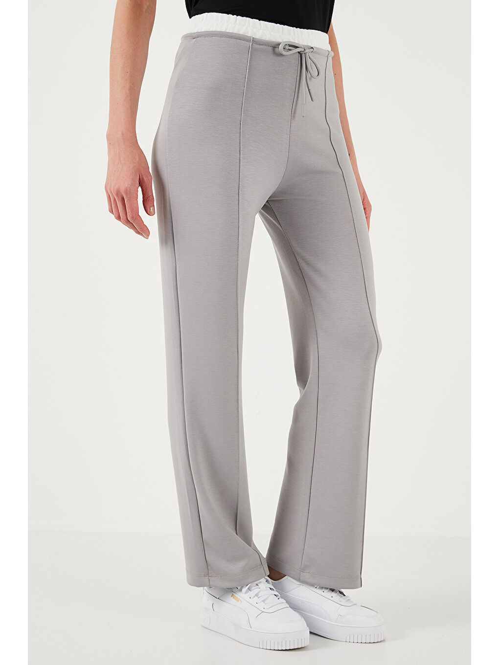 Gri Streç Slim Fit Yüksek Bel Geniş Paça Çimalı Kadın Eşofman Altı 5866078-2