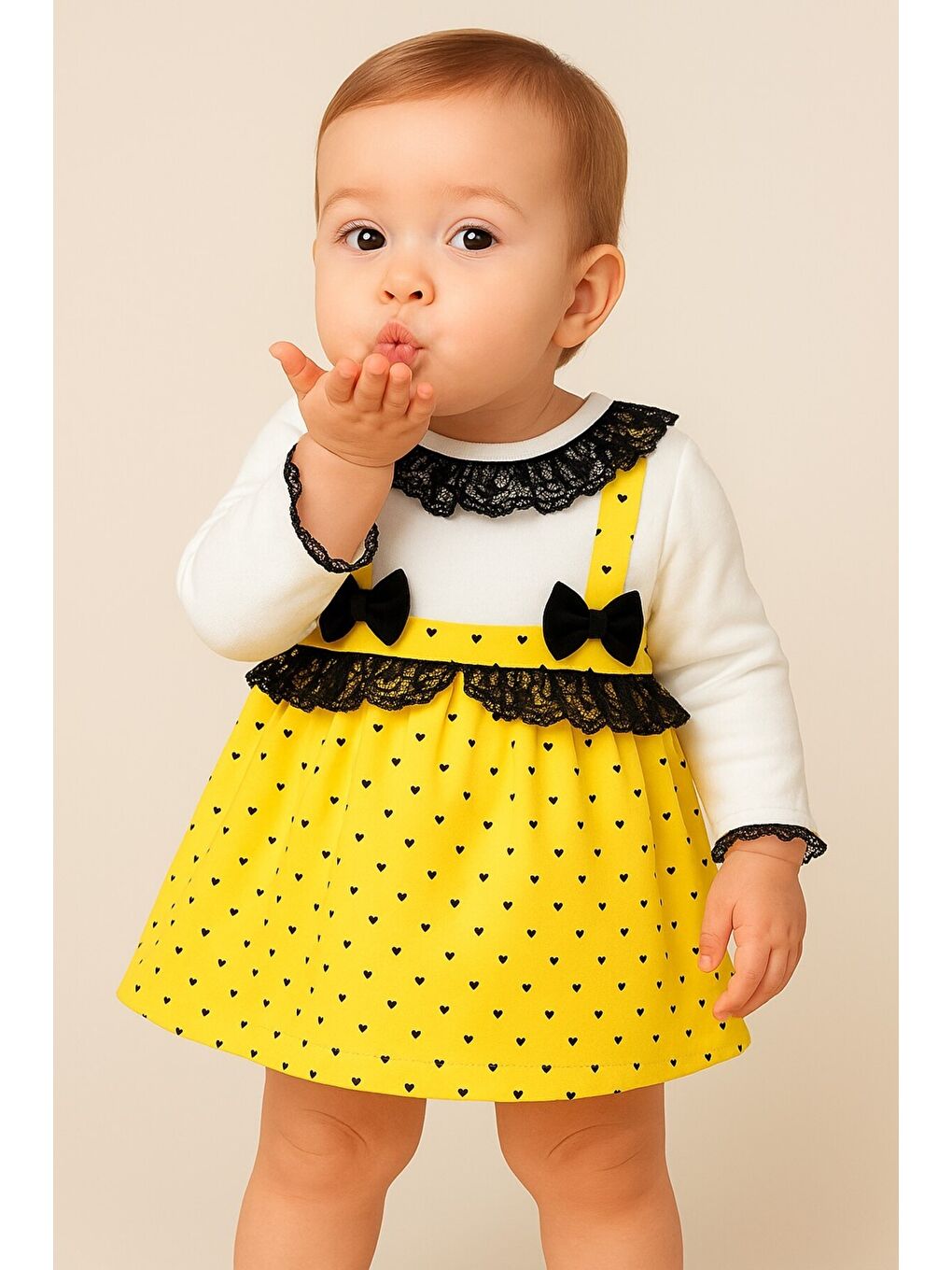 Sarı Kız Bebek Puantiyeli Desenli Dantelli Fiyonklu Askılı Elbise Takım