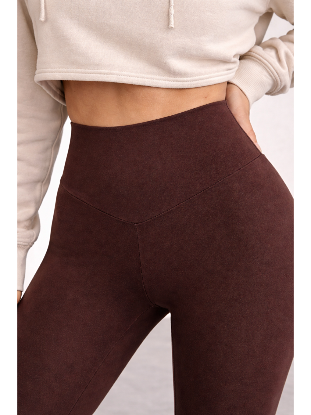 Kahverengi Kadın Ekstra Yüksek Çapraz Kemer Bel Dalgıç Kumaş Esnek Spor Rahat Günlük Tayt-1