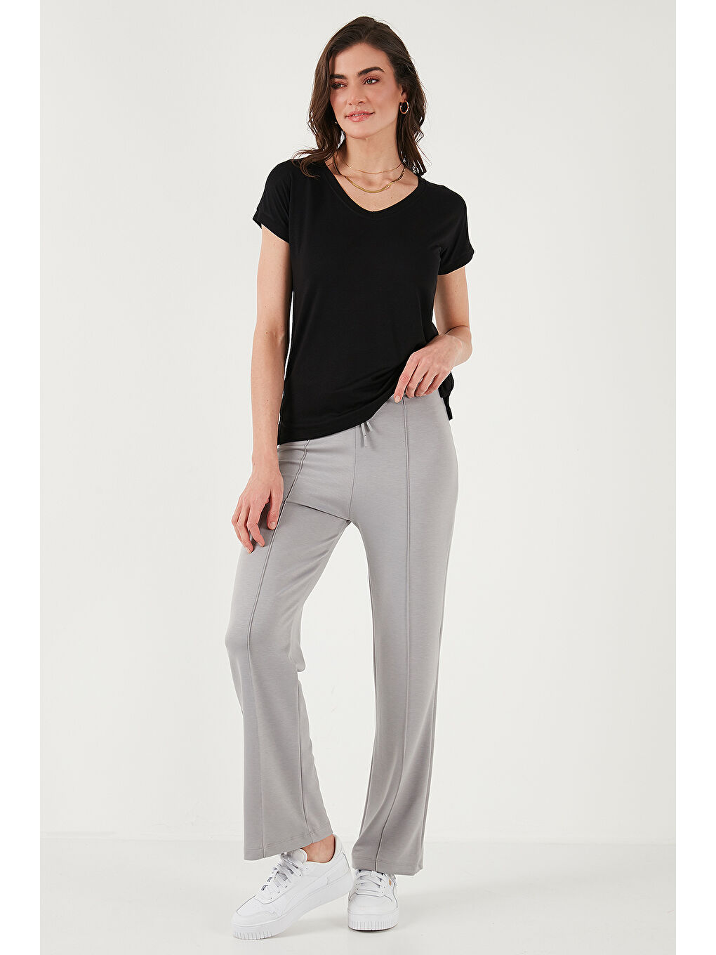 Gri Streç Slim Fit Yüksek Bel Geniş Paça Çimalı Kadın Eşofman Altı 5866078-3