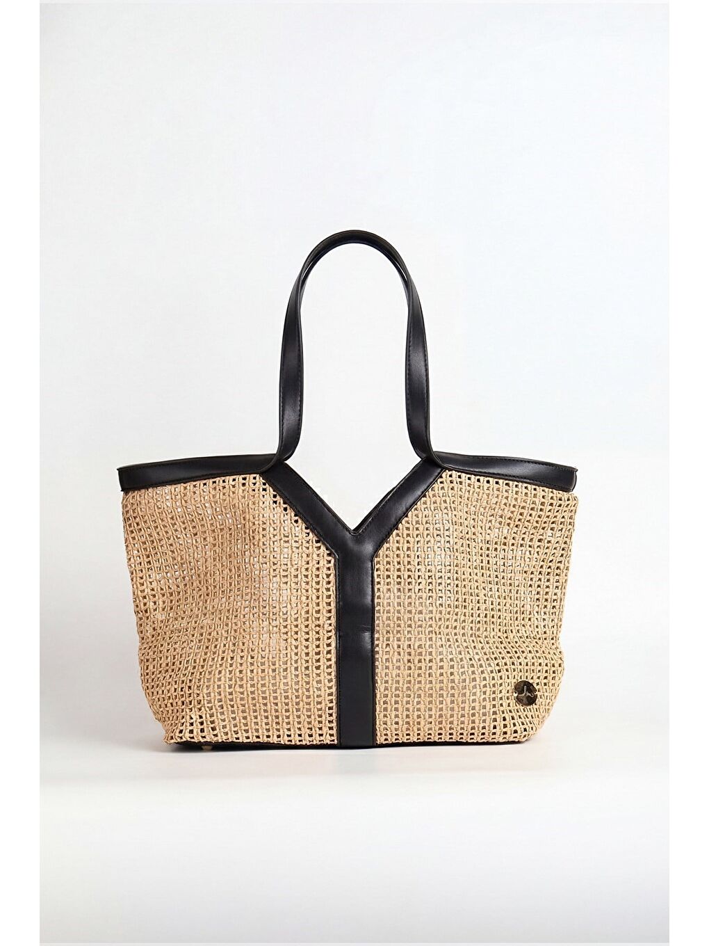 Siyah Deri Saplı Bej Renk Astarsız Hasır Örme Plaj Çantası Ve Cüzdan Seti 1300-1