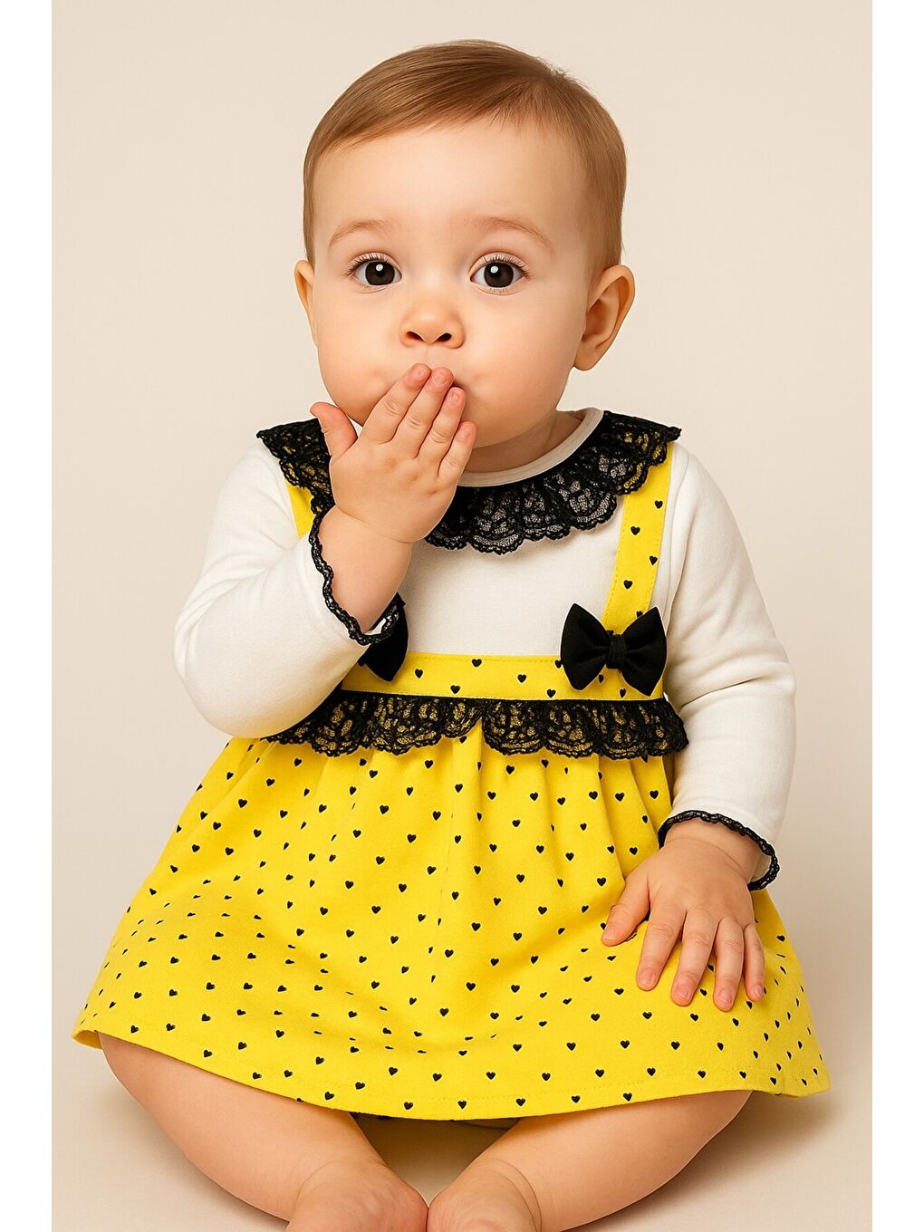 Sarı Kız Bebek Puantiyeli Desenli Dantelli Fiyonklu Askılı Elbise Takım-1