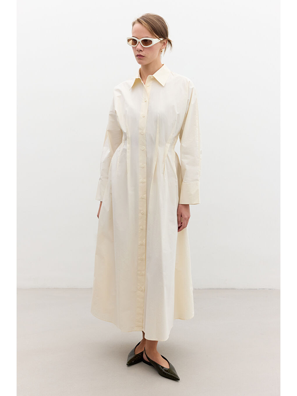 Sarı Nervür Detaylı Gömlek Elbise Tereyağ-2