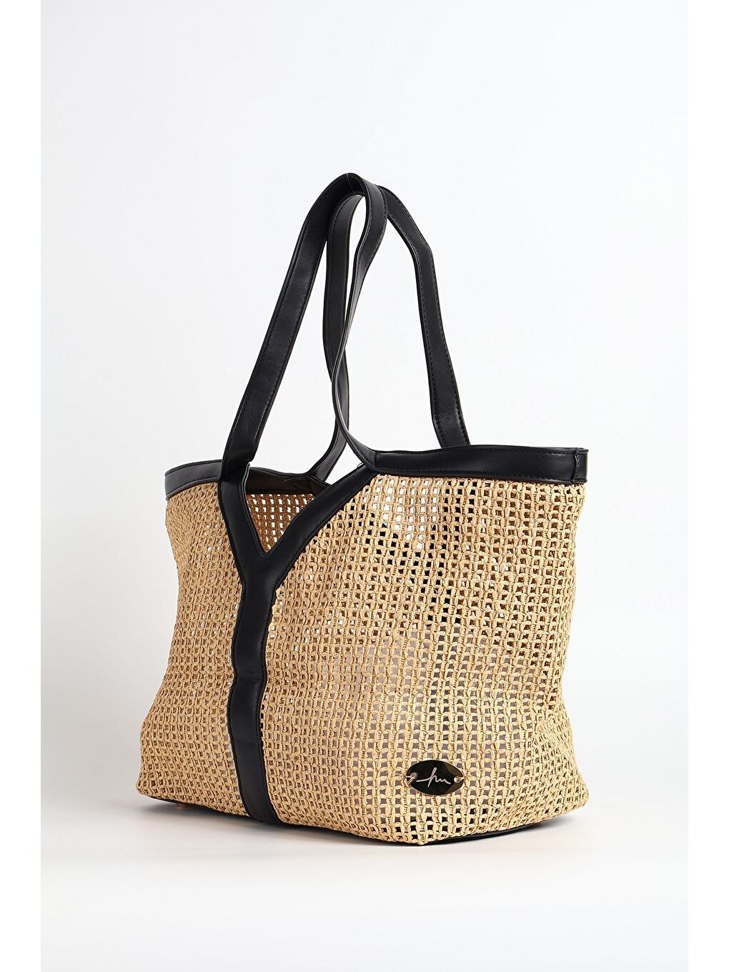 Siyah Deri Saplı Bej Renk Astarsız Hasır Örme Plaj Çantası Ve Cüzdan Seti 1300-2