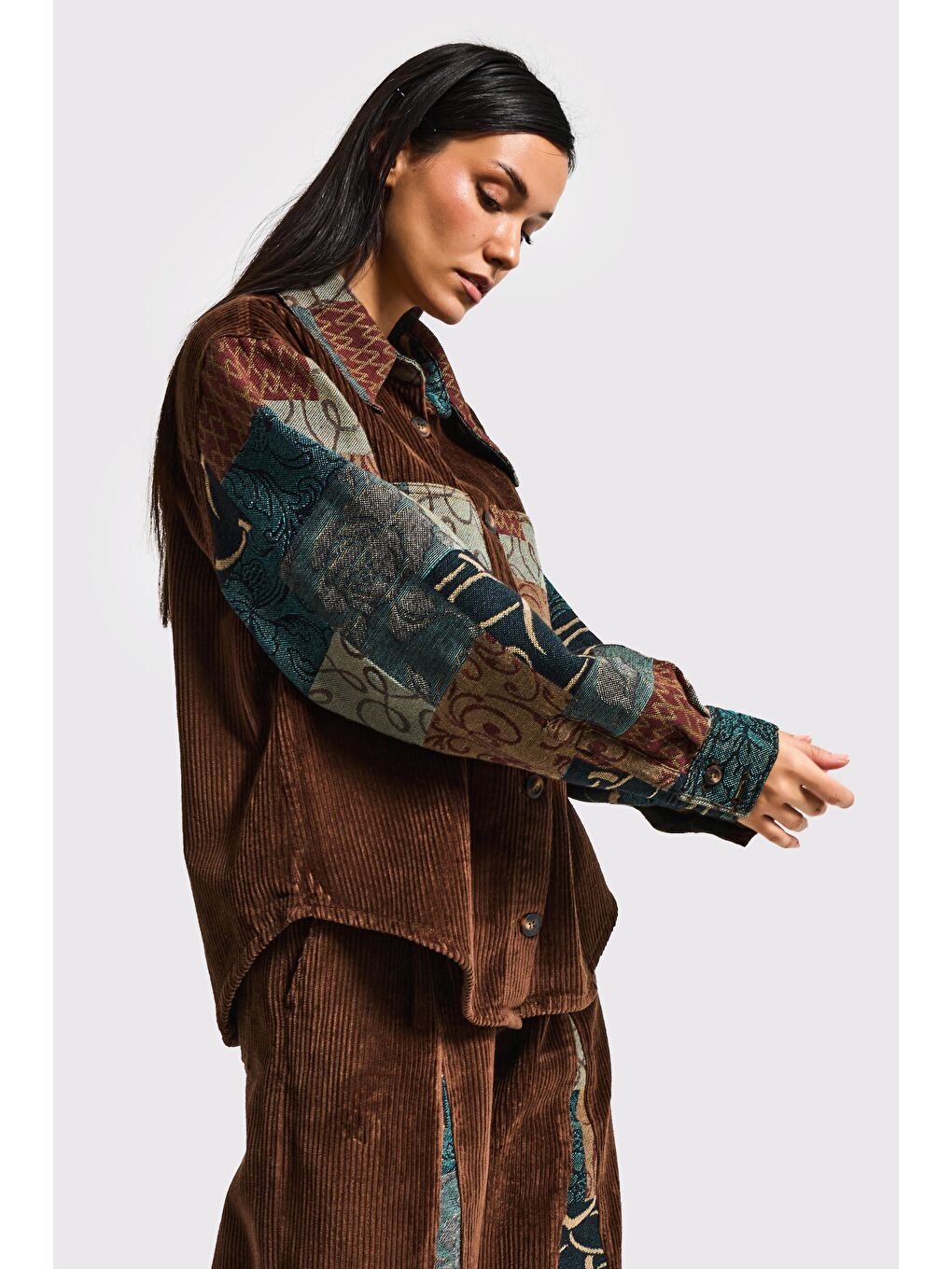Kahverengi Kadın Kahve Etnik Desen 26w5-42 Oversize Fitilli Velvet Kadife Kumaş Tasarım Ceket-1