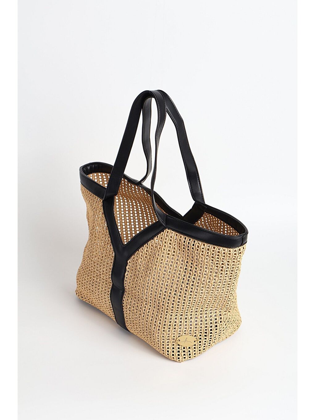 Siyah Deri Saplı Bej Renk Astarsız Hasır Örme Plaj Çantası Ve Cüzdan Seti 1300-3