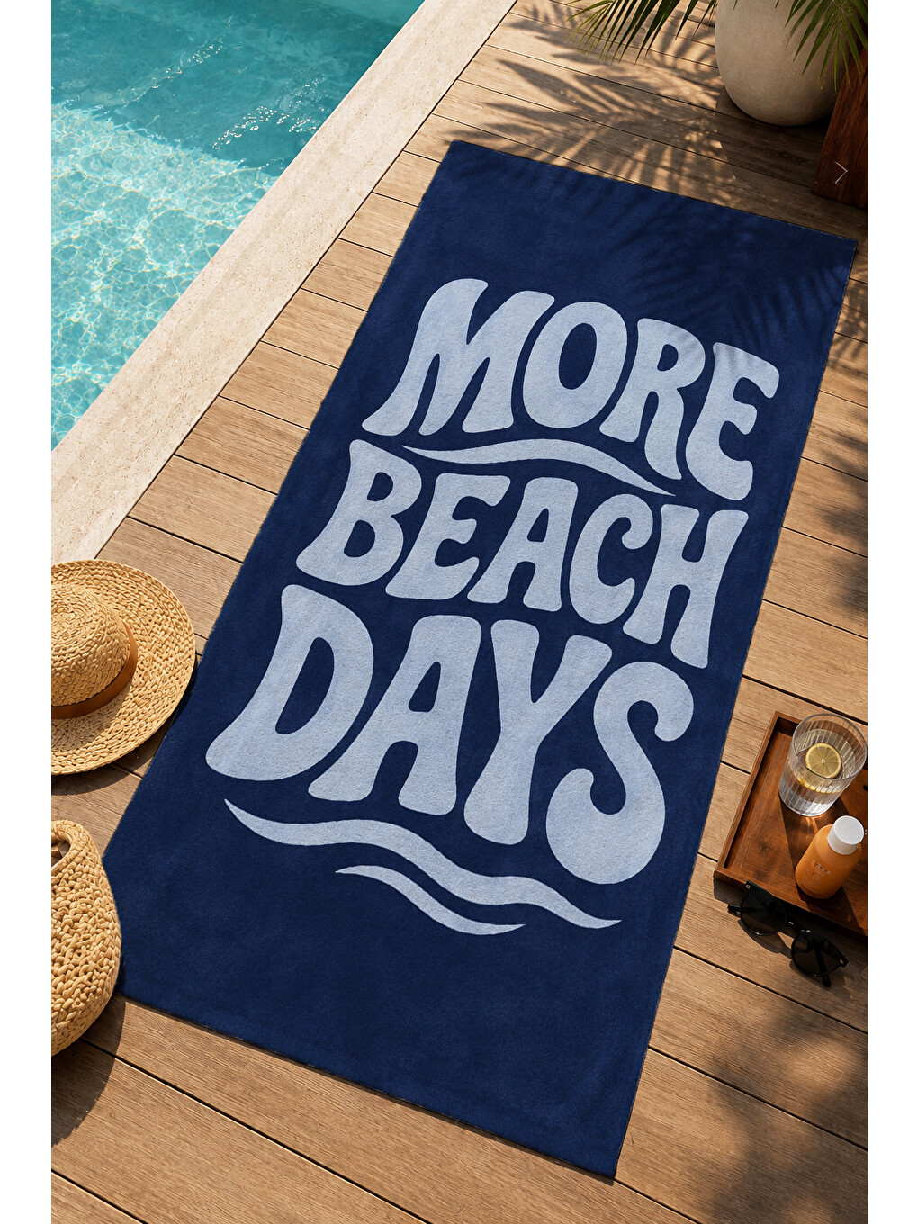 Retro More Beach Days Yazılı Lacivert Tipografik Desenli 70x150 Plaj Havlusu - Pamuklu Banyo Havlusu
