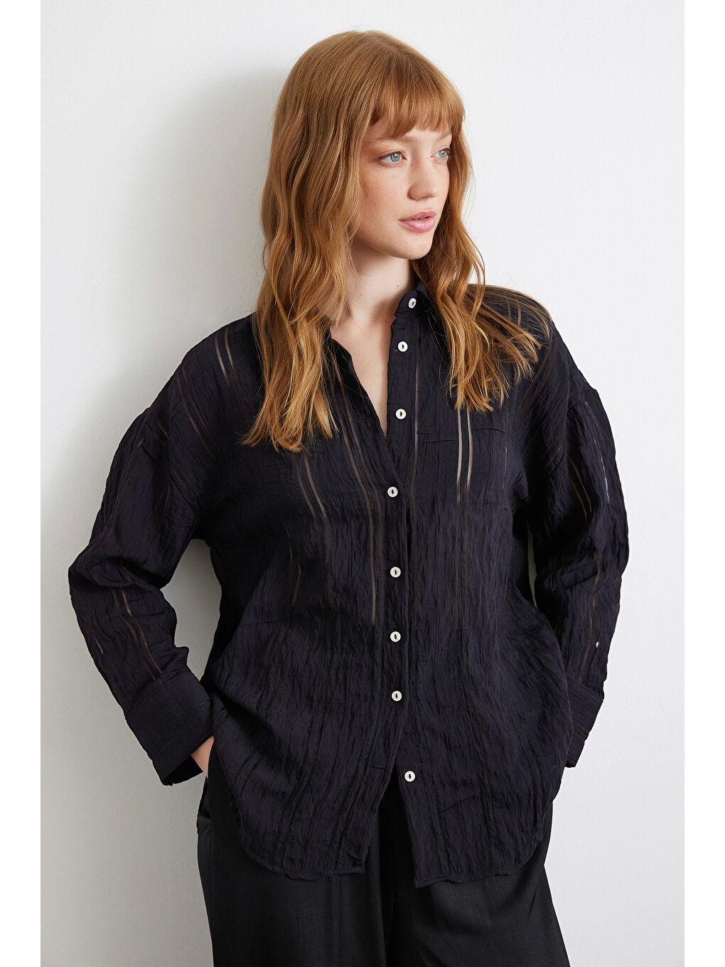 Organze Çizgili Gömlek Siyah-2