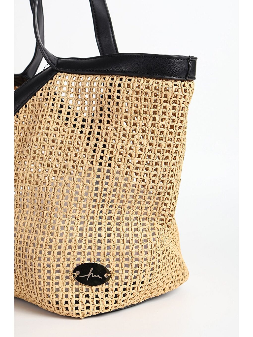 Siyah Deri Saplı Bej Renk Astarsız Hasır Örme Plaj Çantası Ve Cüzdan Seti 1300-4