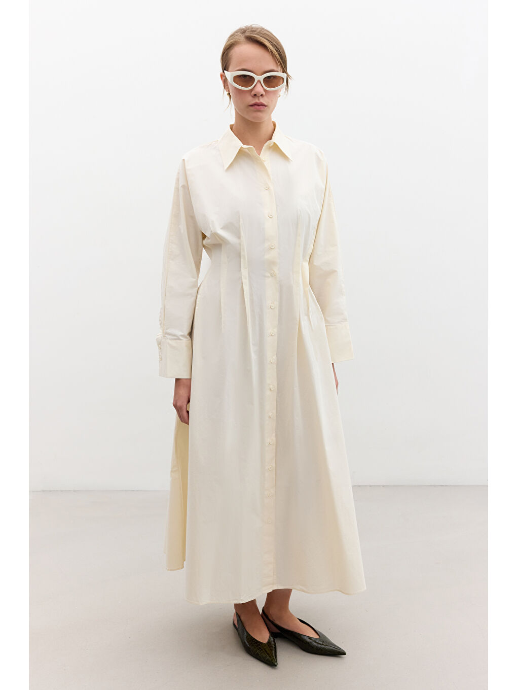 Sarı Nervür Detaylı Gömlek Elbise Tereyağ-3