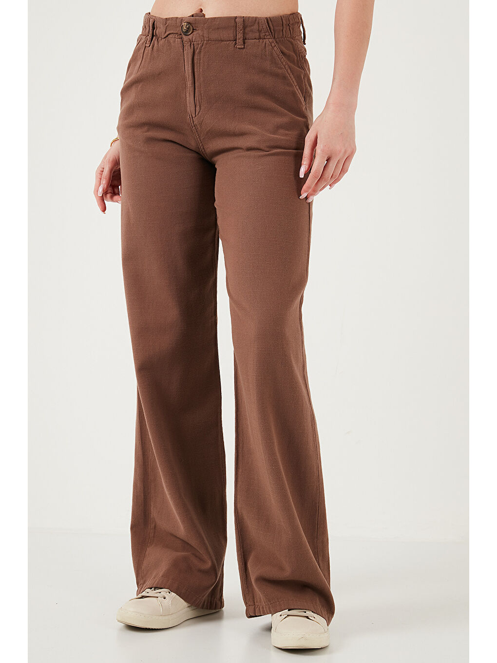 Kahverengi Pamuklu Standart Fit Yüksek Bel Geniş Paça Kadın Pantolon 668YP5193-3