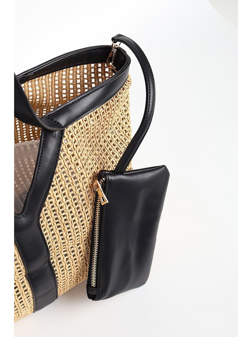 Siyah Deri Saplı Bej Renk Astarsız Hasır Örme Plaj Çantası Ve Cüzdan Seti 1300-5