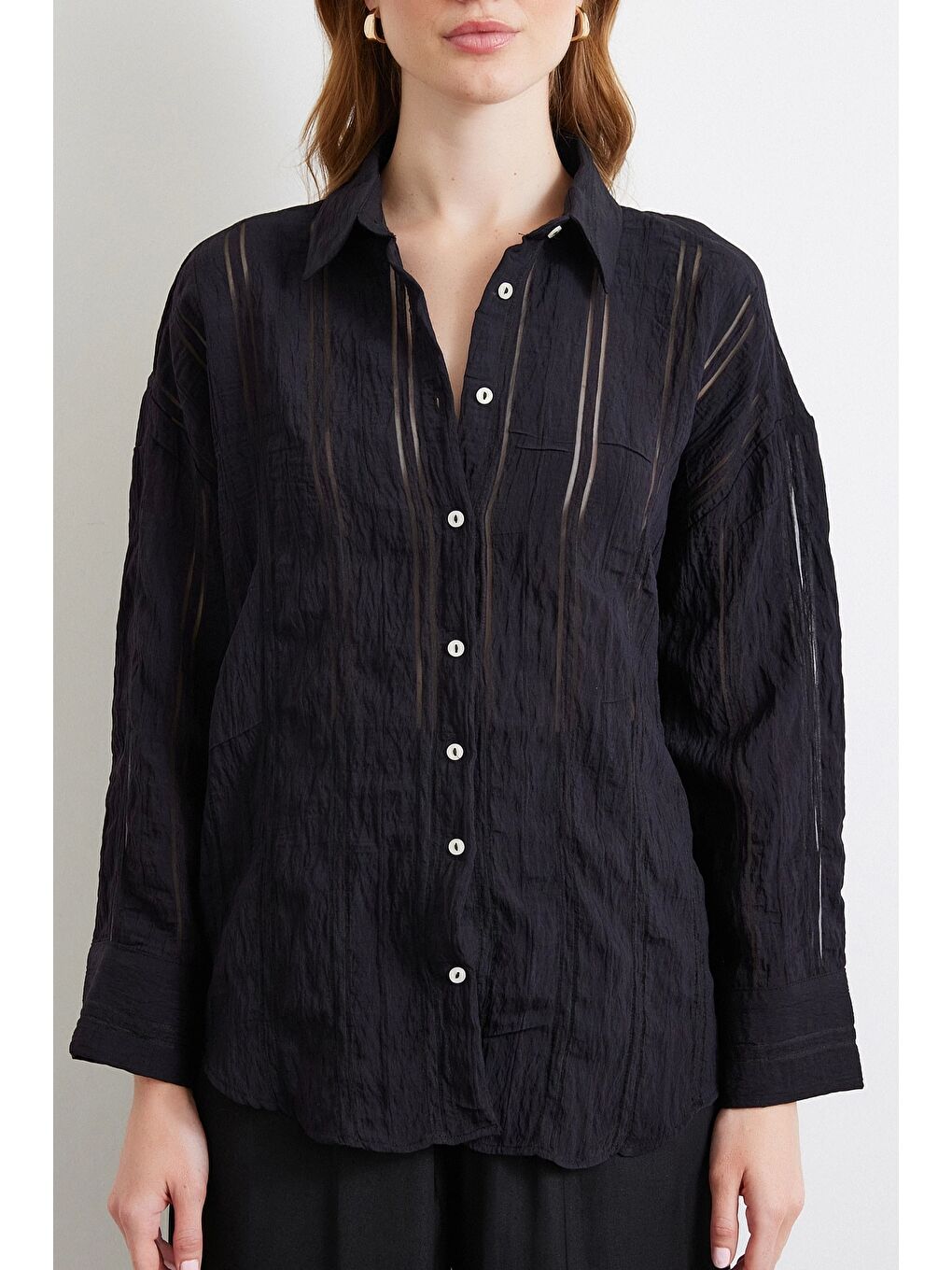 Organze Çizgili Gömlek Siyah-3