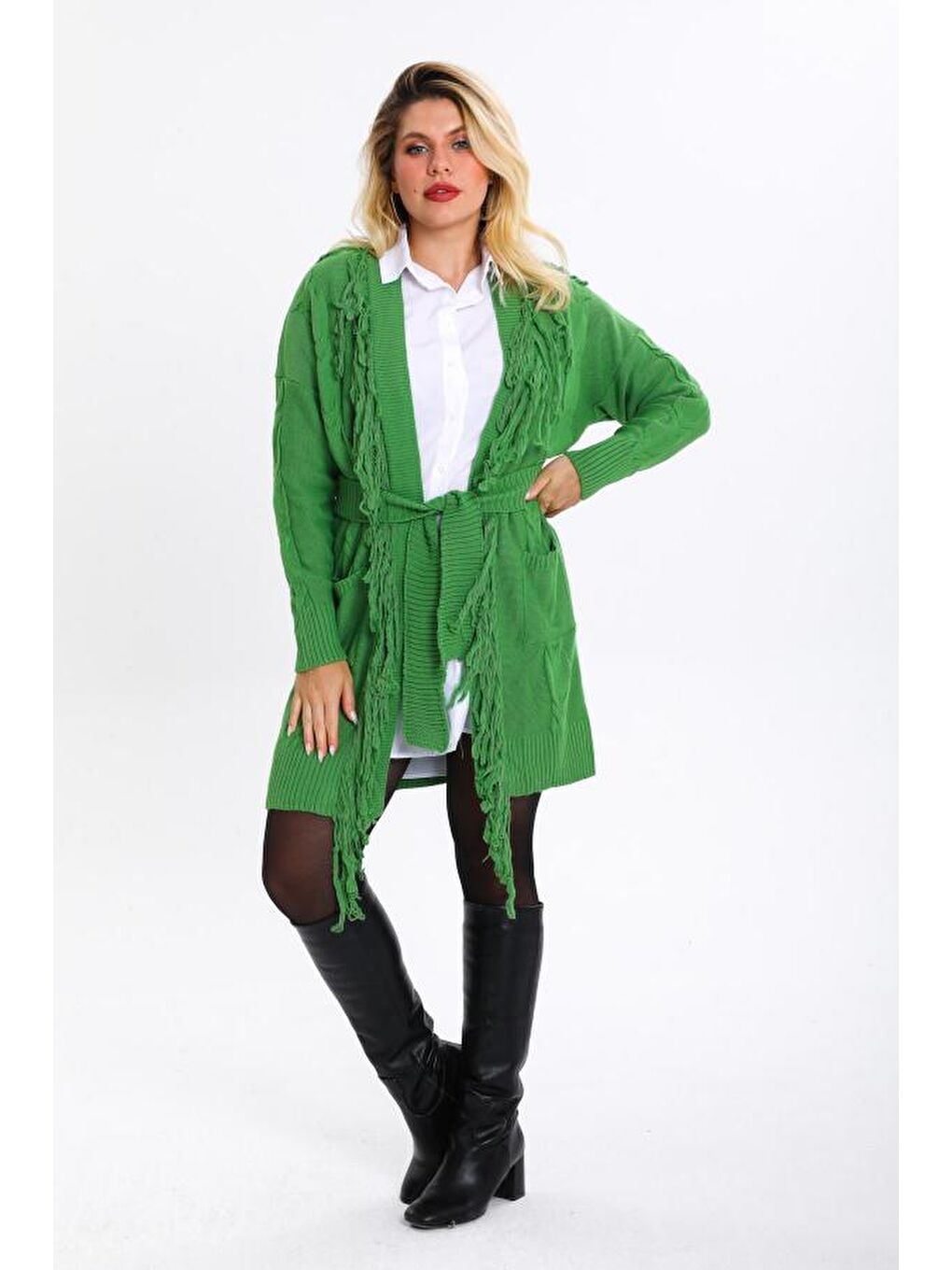 Mavi Kadın Saç Örgülü Püsküllü Triko Hırka 019-1