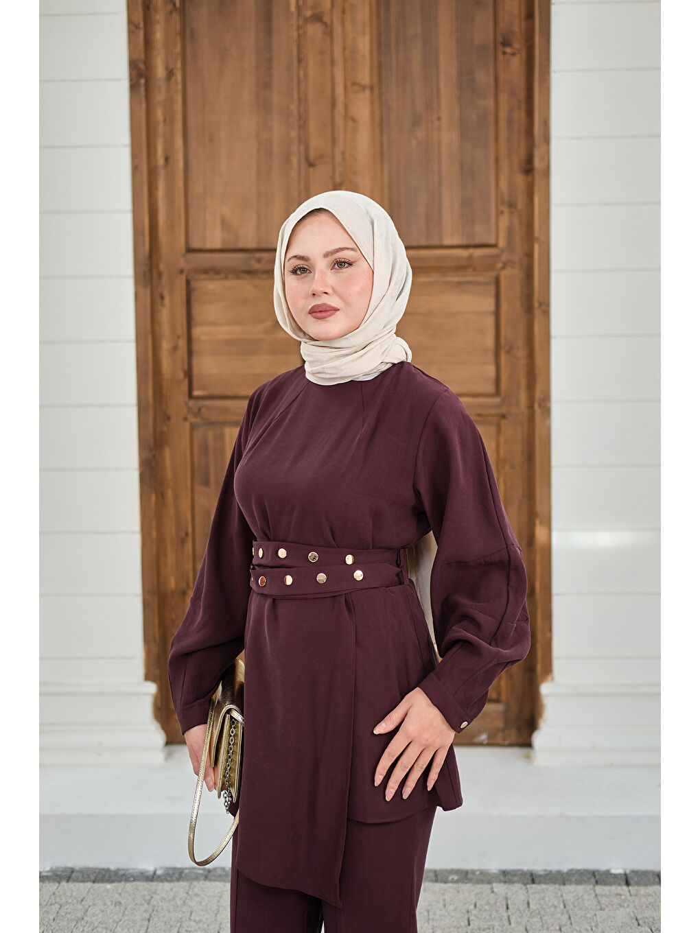 Kadın Gold Çıtçıt Kemerli Pantolonlu Takım Mürdüm-2