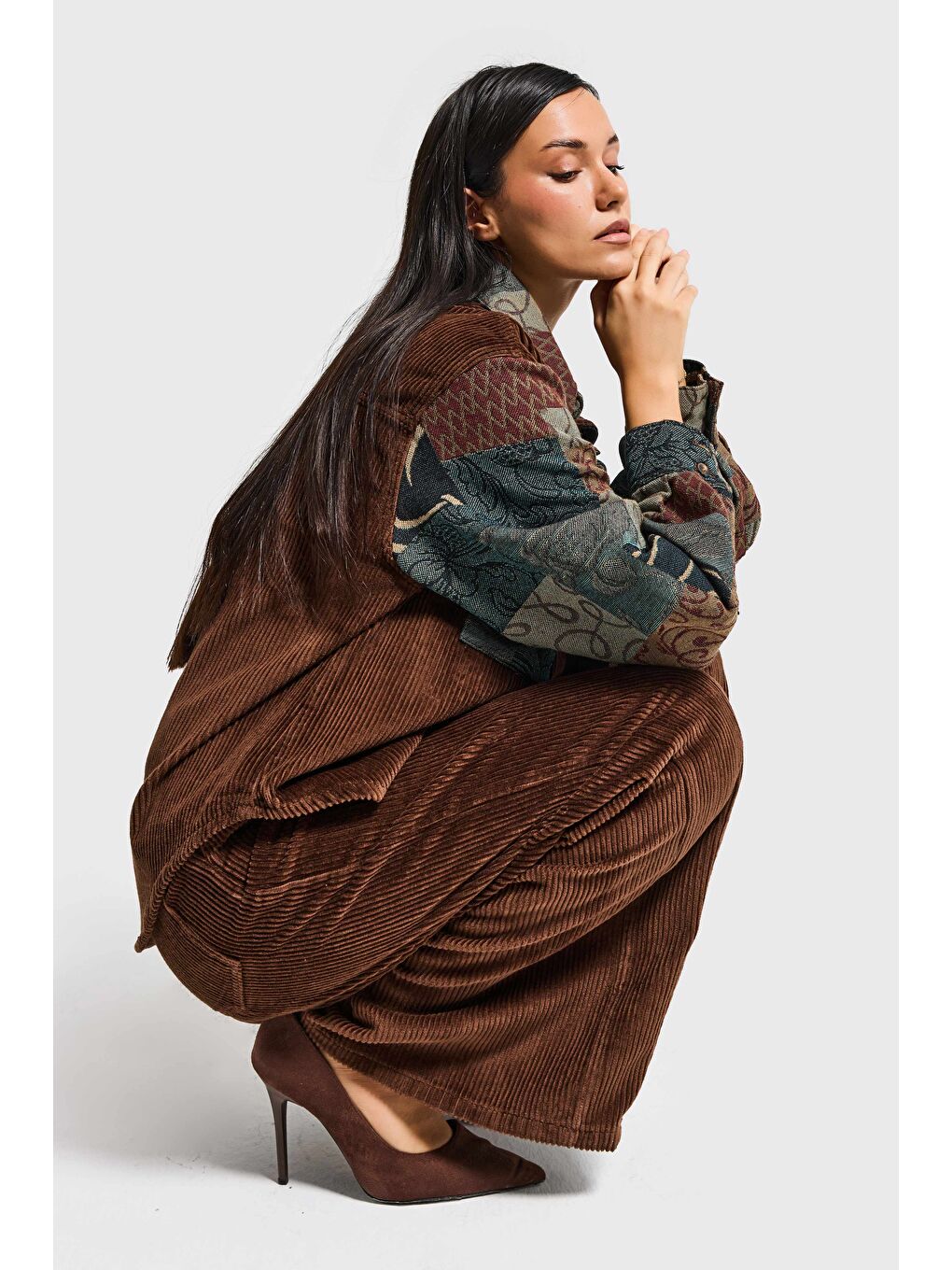 Kahverengi Kadın Kahve Etnik Desen 26w5-42 Oversize Fitilli Velvet Kadife Kumaş Tasarım Ceket-3