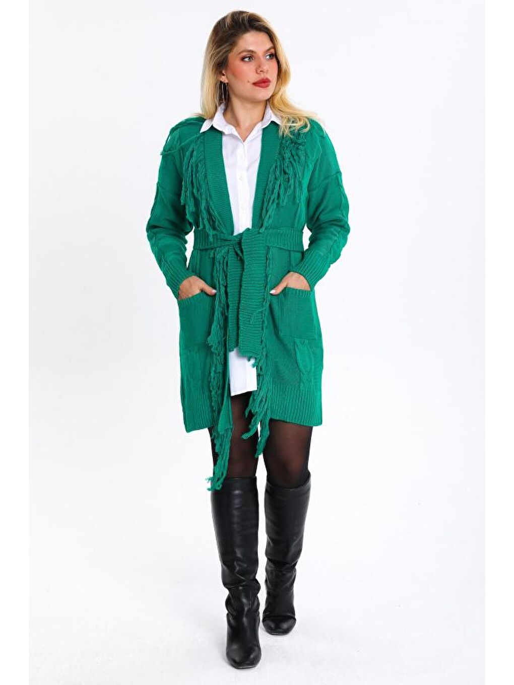 Mavi Kadın Saç Örgülü Püsküllü Triko Hırka 019-4