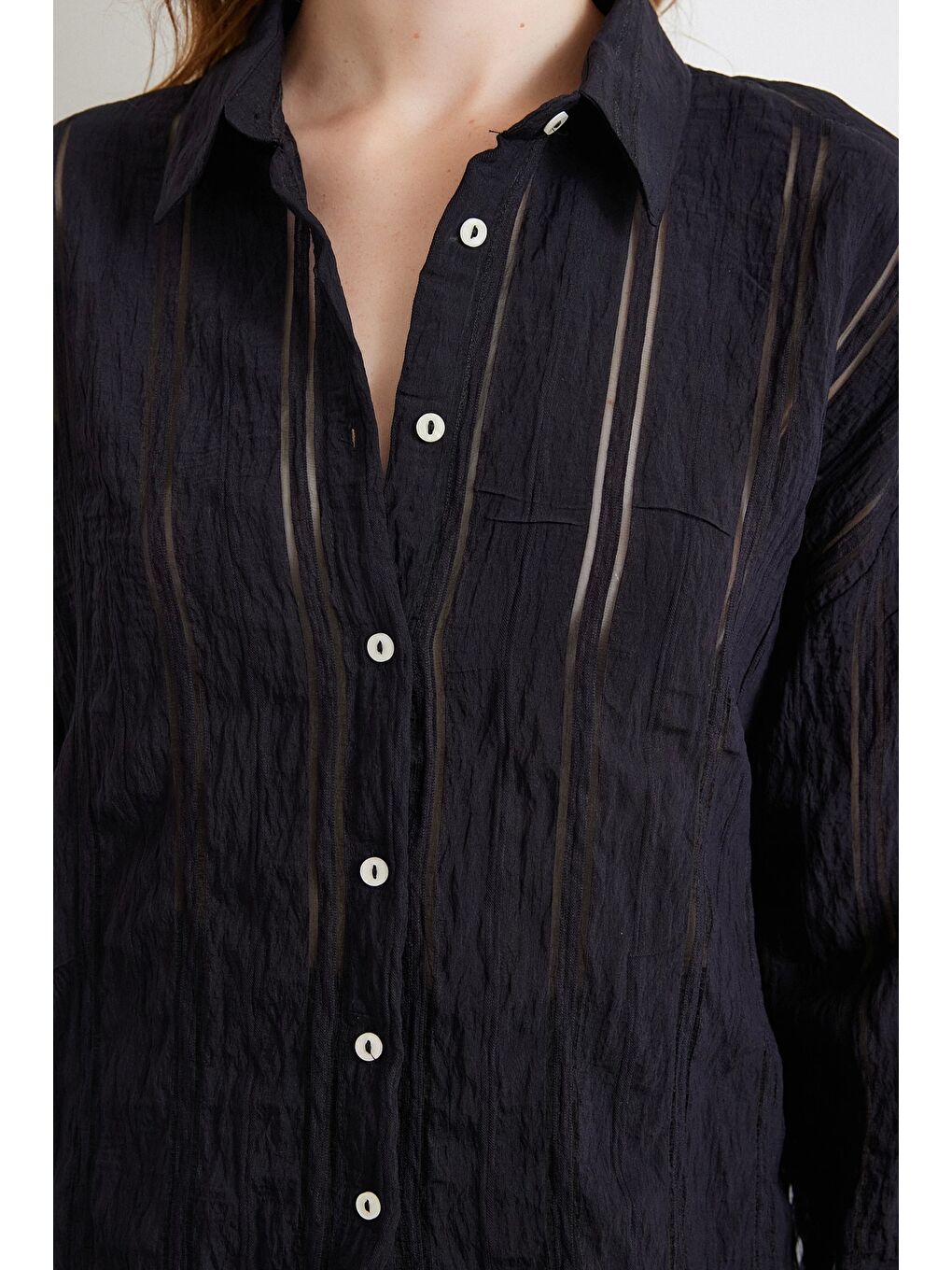 Organze Çizgili Gömlek Siyah-4