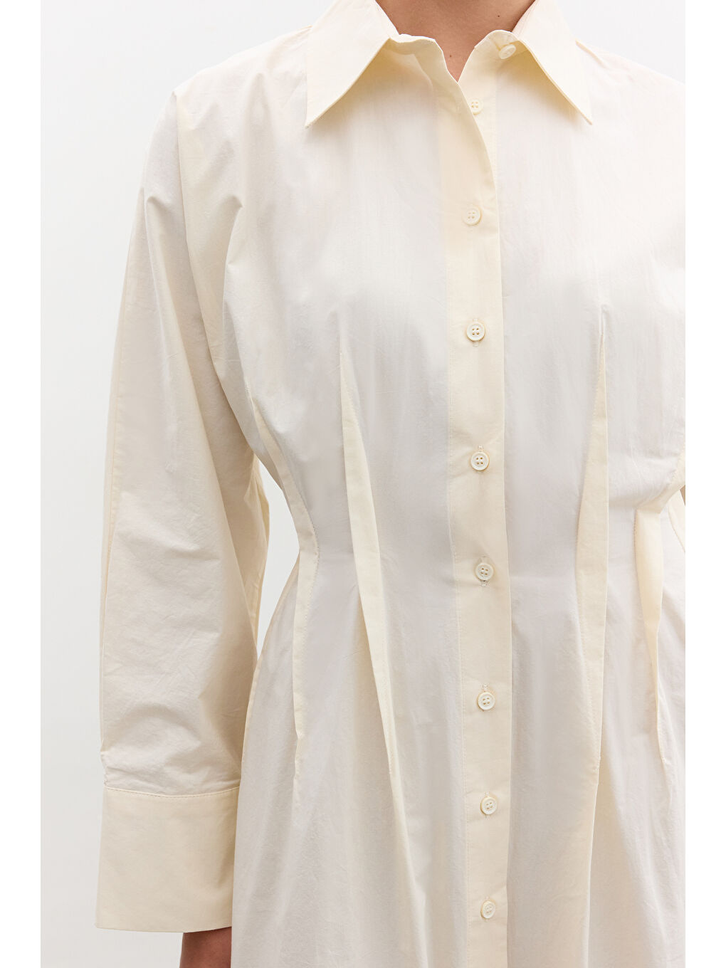 Sarı Nervür Detaylı Gömlek Elbise Tereyağ-4