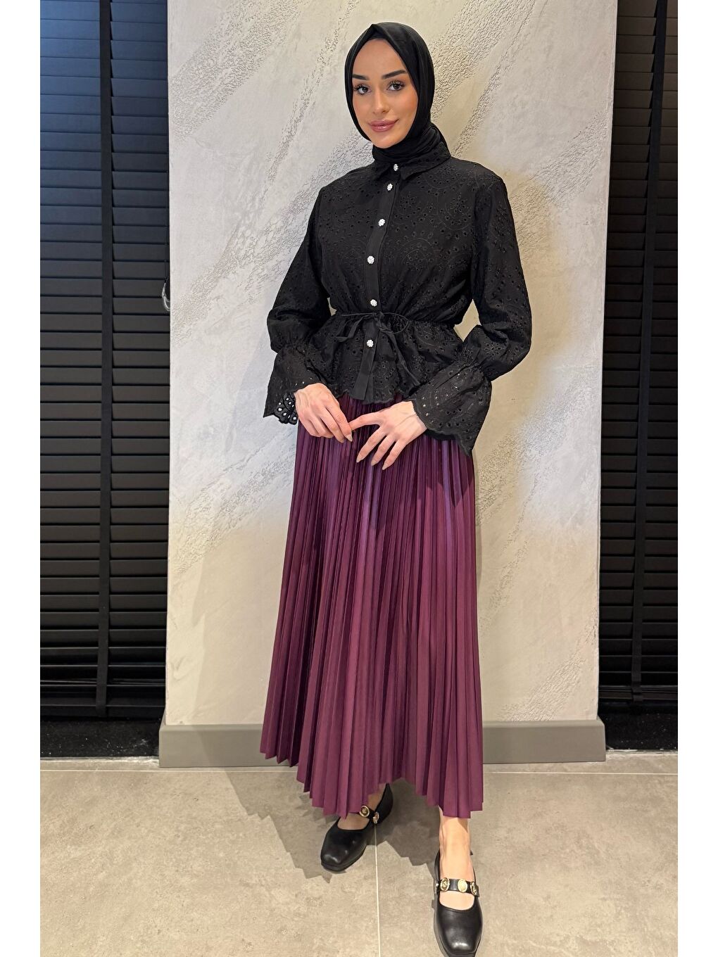 Mürdüm Kadın Piliseli Tesettür Etek-2