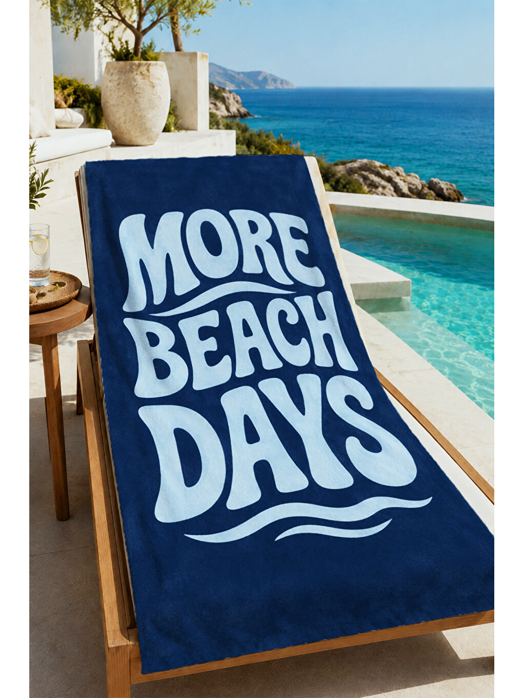 Retro More Beach Days Yazılı Lacivert Tipografik Desenli 70x150 Plaj Havlusu - Pamuklu Banyo Havlusu-1