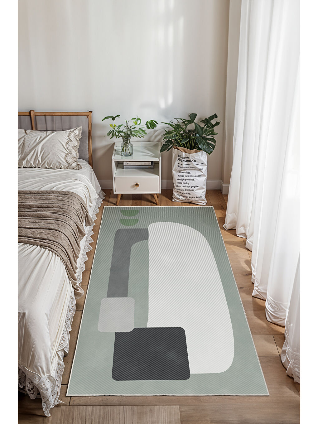 Yeşil Dekoratif Salon Halısı, Makinada Yıkanabilir, Kaymaz Taban, İnce & Modern Tasarım-2