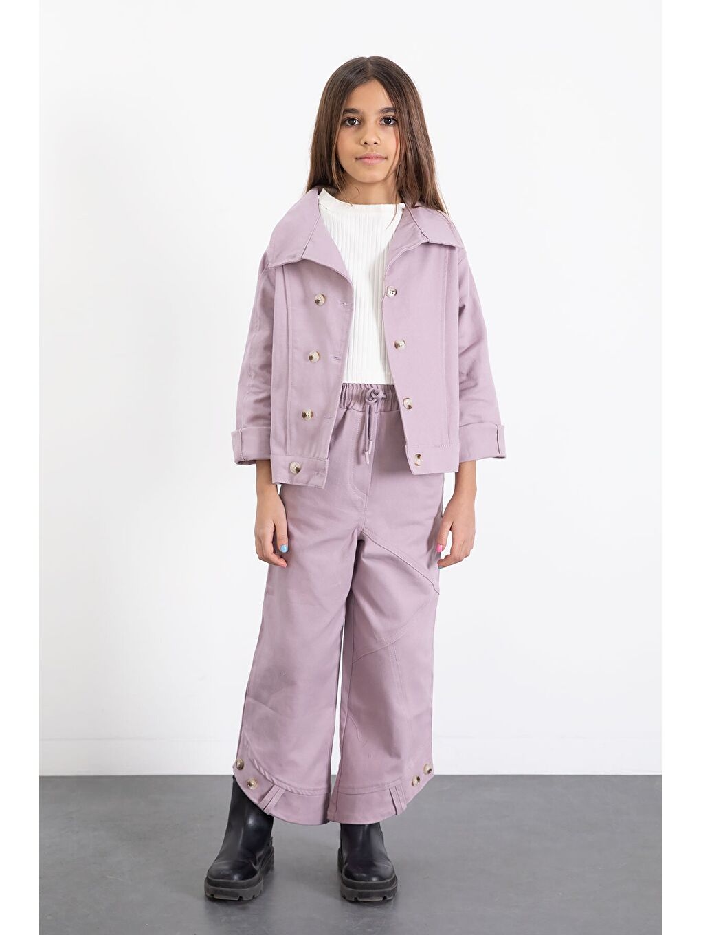 Pembe Çift Düğme Detay Gömlekli Pantolonlu Kız Çocuk Gabardin Takım 23540-1