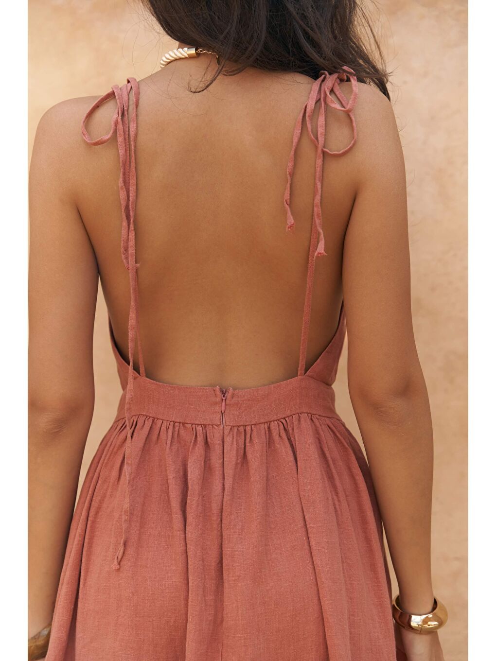 Kahverengi Eara Askılı Tarçın Uzun Keten Elbise-4