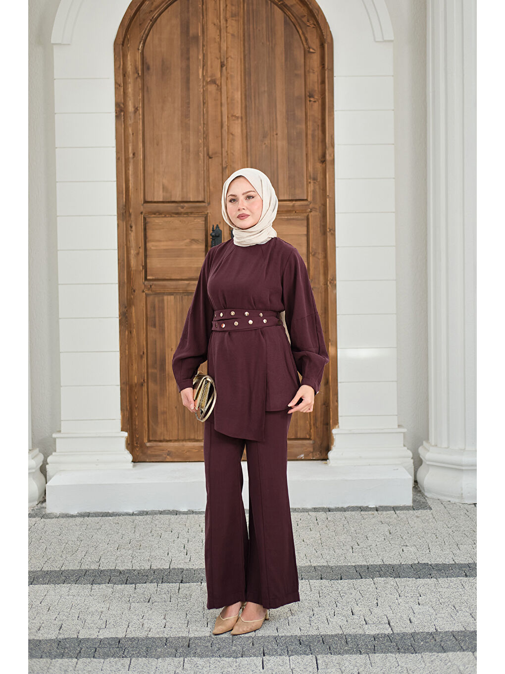 Kadın Gold Çıtçıt Kemerli Pantolonlu Takım Mürdüm-3