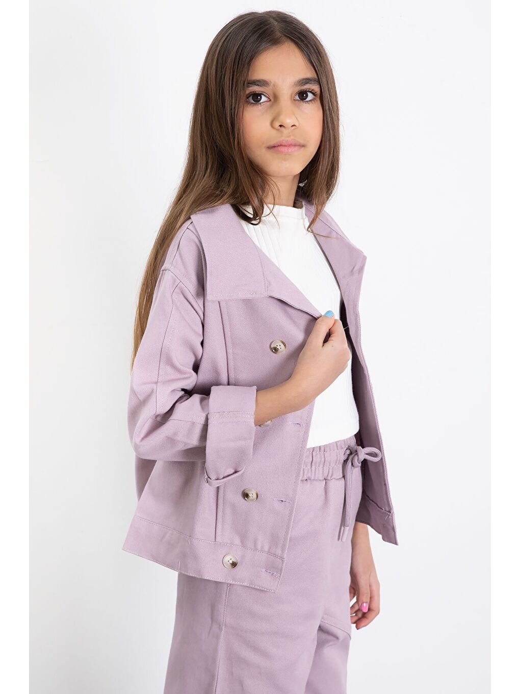 Pembe Çift Düğme Detay Gömlekli Pantolonlu Kız Çocuk Gabardin Takım 23540-2