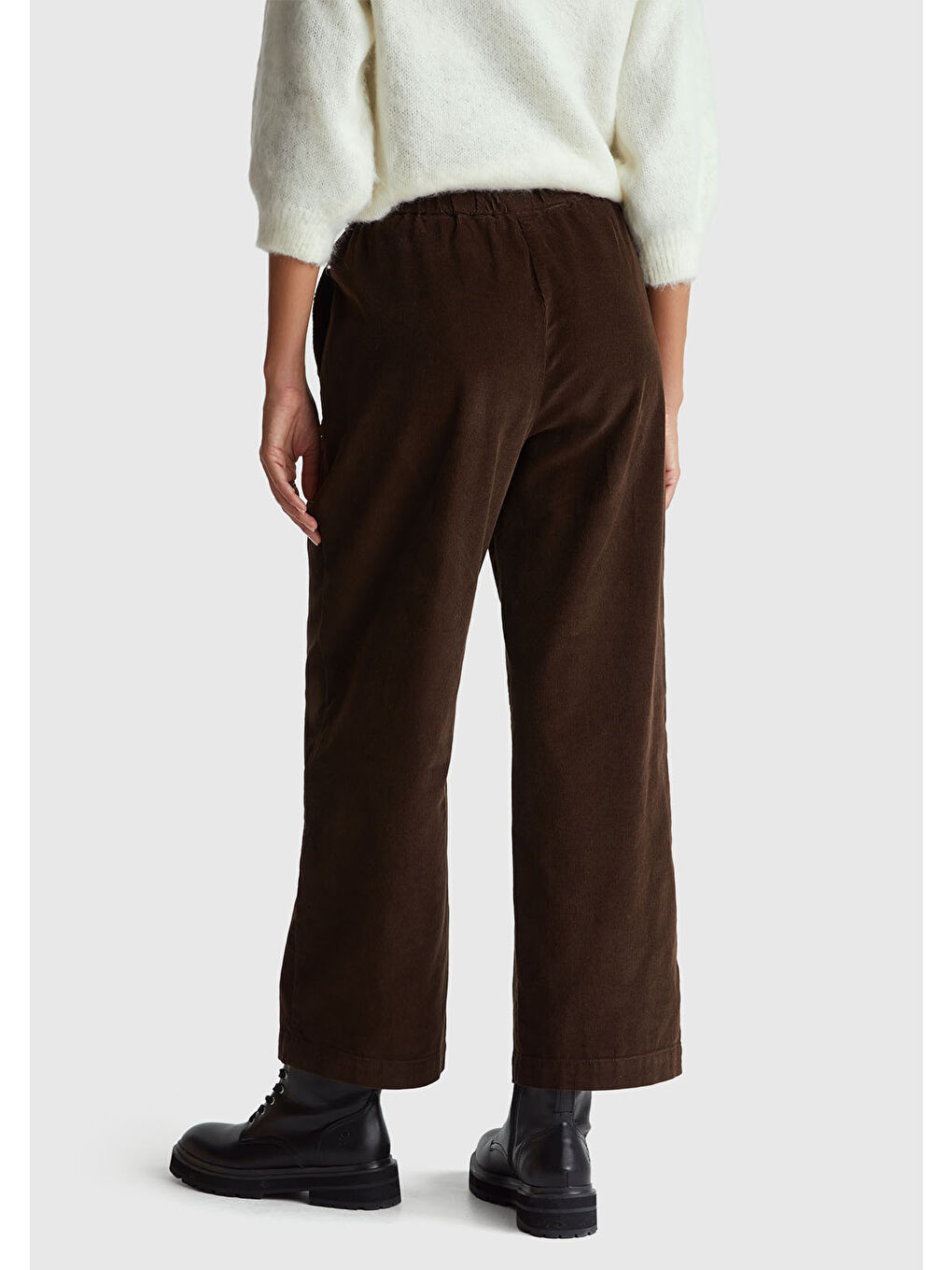 Kadın Koyu Kahverengi %100 Pamuk Beli Lastikli Wide Leg Kadife Pantolon-2