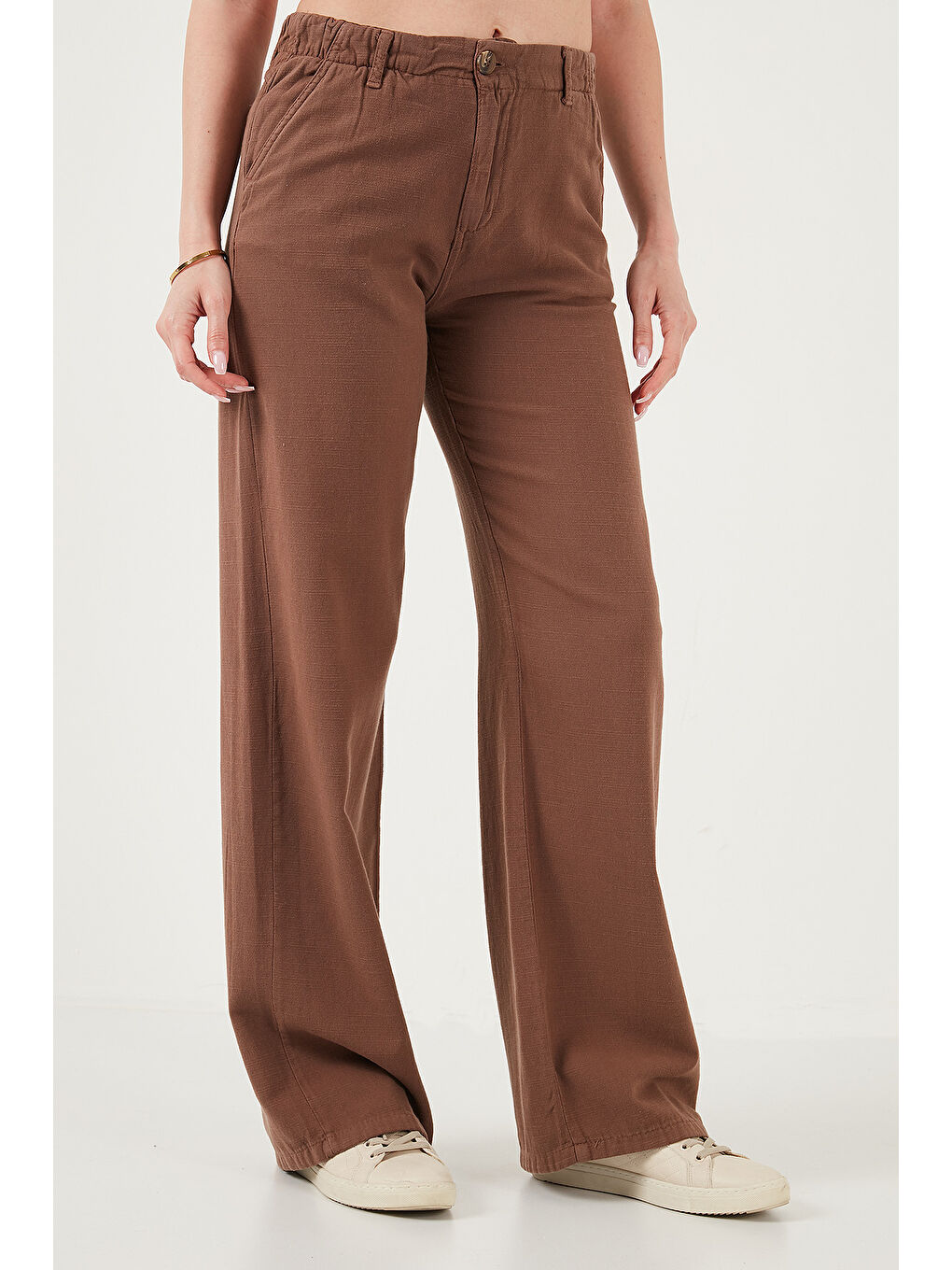 Kahverengi Pamuklu Standart Fit Yüksek Bel Geniş Paça Kadın Pantolon 668YP5193-4