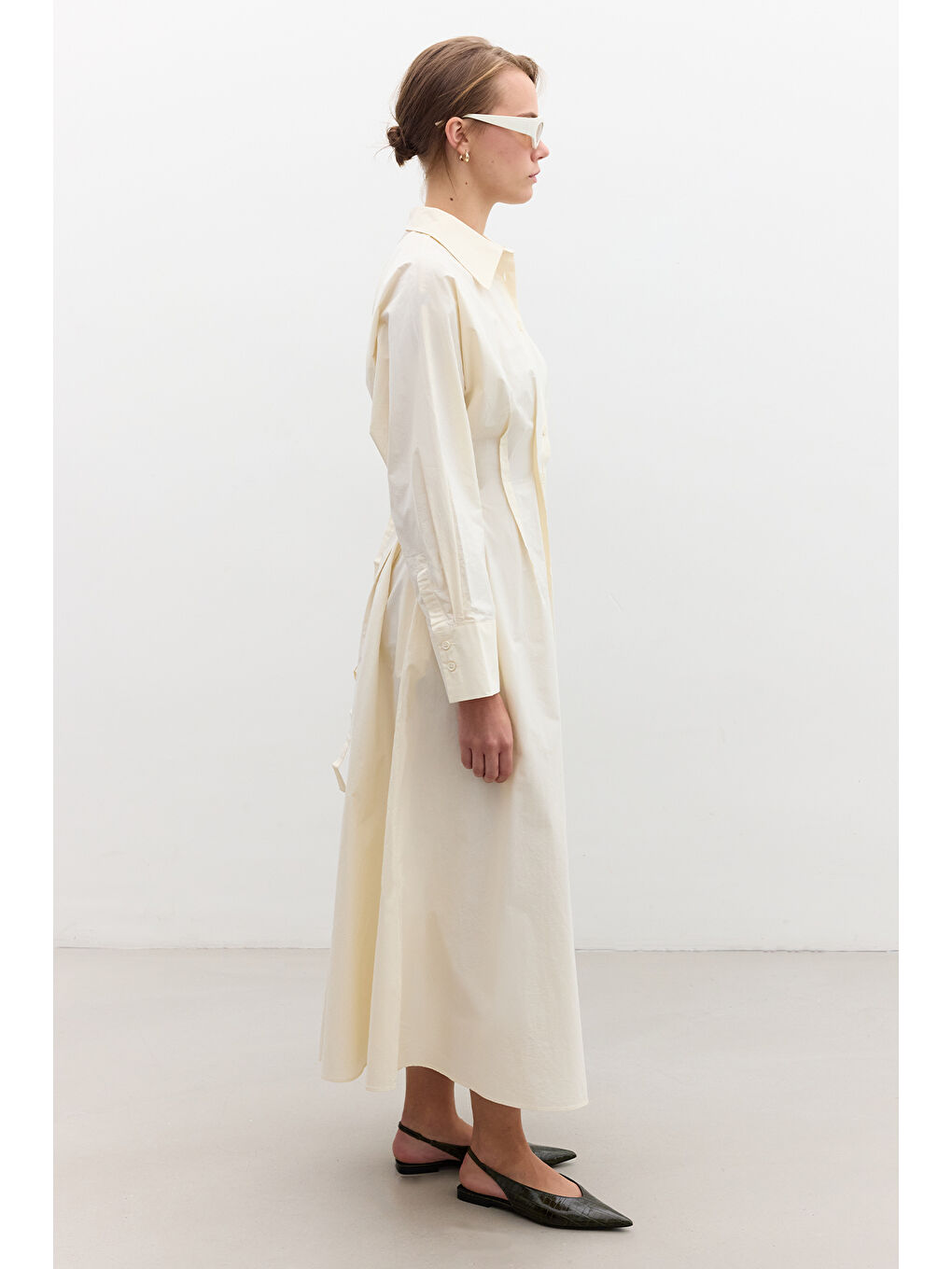 Sarı Nervür Detaylı Gömlek Elbise Tereyağ-6