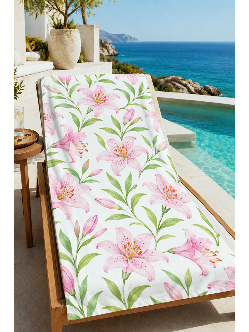 Romantik Pembe Lilyum Çiçekli Botanik Desenli 70x150 Plaj Havlusu - Dijital Baskılı Banyo Havlusu-4