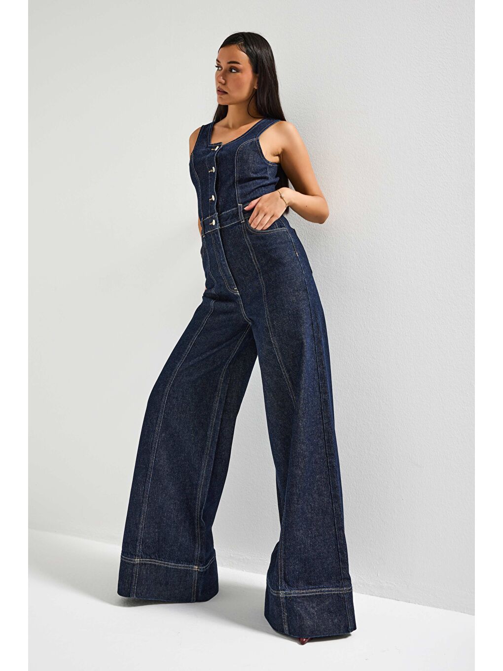 Kadın İndigo Renk 7S6-50 Palazzo Fit %100 Pamuk Denim Slopet Tulum