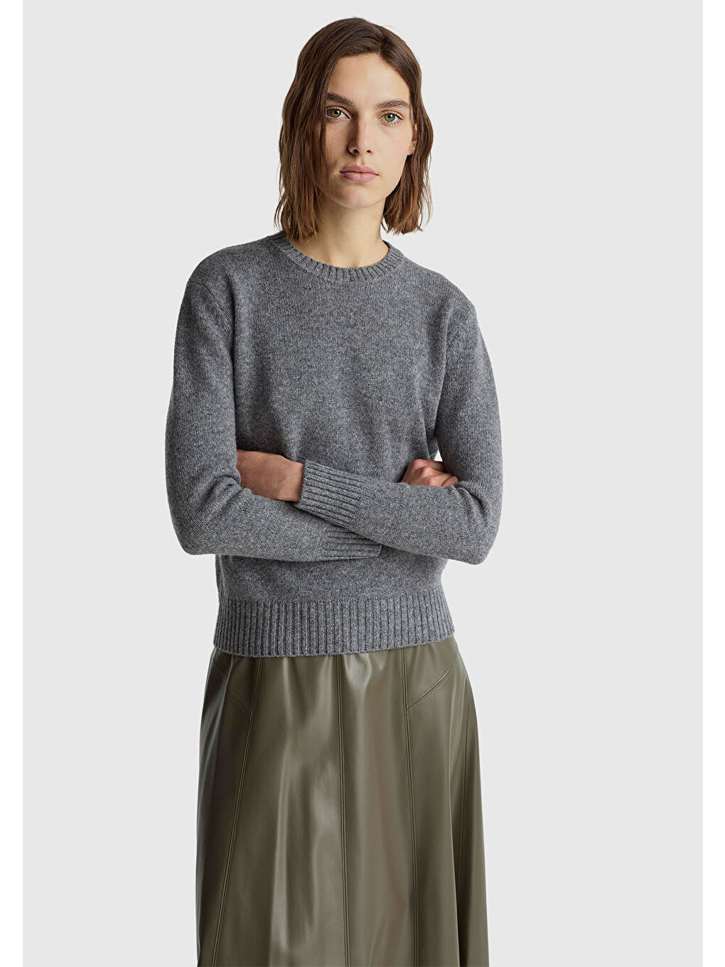 Gri Kadın Antrasit Melanj Bisiklet Yaka Shetland Kazak