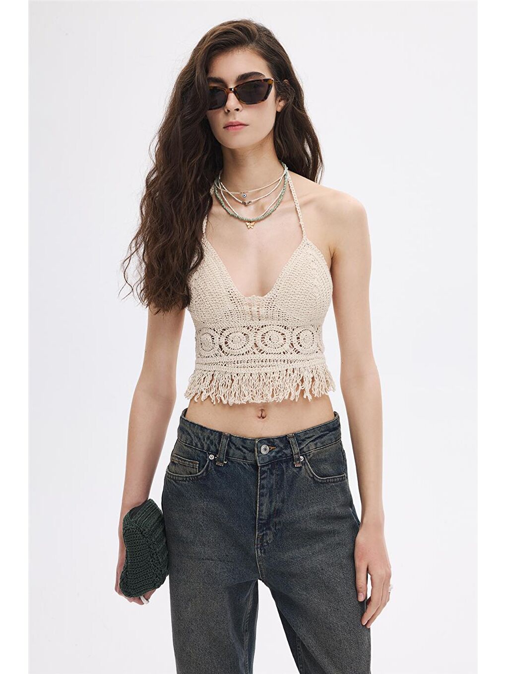 Bej Püsküllü Crop Top
