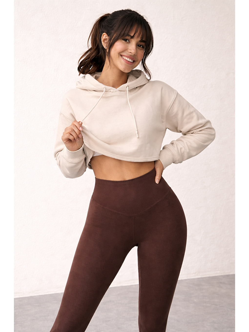 Kahverengi Kadın Ekstra Yüksek Çapraz Kemer Bel Dalgıç Kumaş Esnek Spor Rahat Günlük Tayt-2